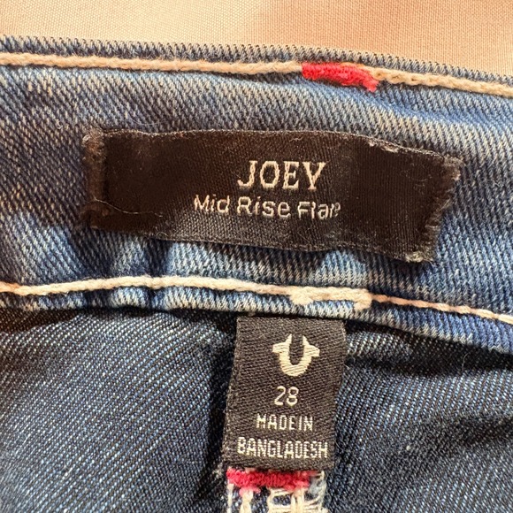True Religion Joey Mid Rise Flare Jeans Blue Pink Contrast Stitching Size 28 - Picture 5 of 10